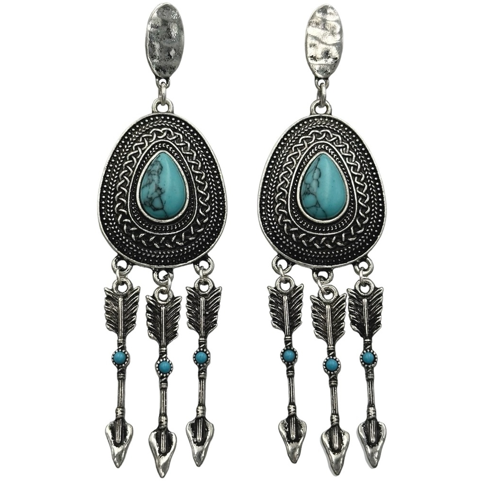 Western Turquoise Concho Arrow Charm Dangle Post Drop Earrings